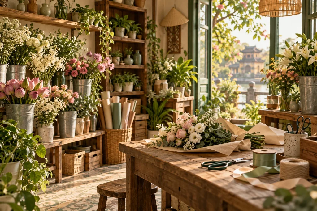 Không gian tiệm hoa tươi Hoa Mộc Lan ở Huế với kệ gỗ và xô hoa tươi
